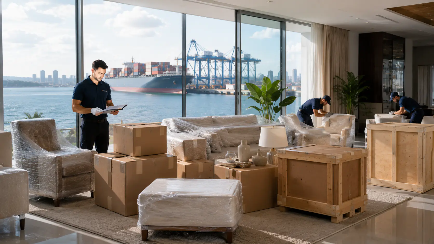 Guardian Shipping team preparing household goods for international relocation from Qatar